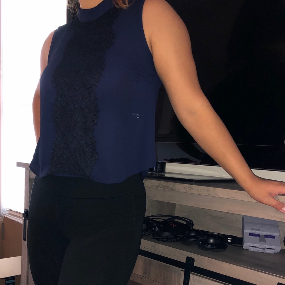 Navy Blue w/ Black Lace Crop Top